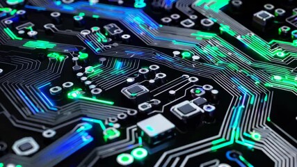 Fototapete - Circuit board with glowing neon pathways, close-up view. Futuristic technology and innovation concept