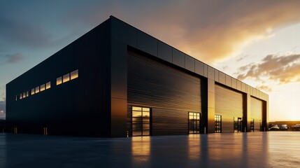 Wall Mural - Modern Industrial Building at Sunset: A sleek, black industrial building with large hangar-style doors stands majestically against a vibrant sunset sky. The architectural design is clean and modern.