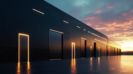 Wall Mural - Modern Industrial Architecture at Sunset: Sleek black building with illuminated doorways, reflecting in a glossy floor, set against a vibrant sunset sky.