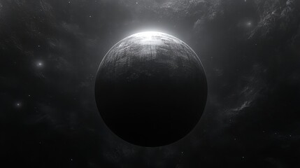 Poster - Celestial body in grayscale, pixelated texture, bright light source behind, dark space background