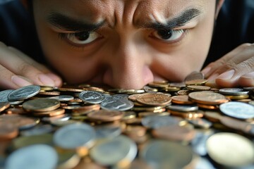 Man Buried in Coins, Financial Struggle,  Desperate Times, Money Problems,  Economic Hardship,  Poverty Concept