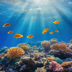 Poster - Vibrant coral reef teeming with colorful tropical fish during a serene underwater moment. Generative AI