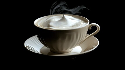 Wall Mural - A warm cup of coffee with an elegant swirl of cream, set against a dramatic black background.