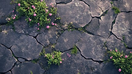 Wall Mural - Cracked asphalt with small plants and grass growing through the gaps, showcasing nature's resilience.