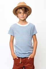 Wall Mural - White boy wear gap hat stip brown line t-shirt and blue short shorts white background happiness.