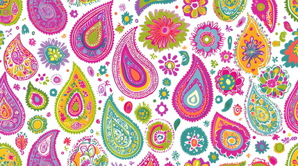 Vibrant paisley patterns with colorful flowers and teardrop shapes on a white background create a lively design.