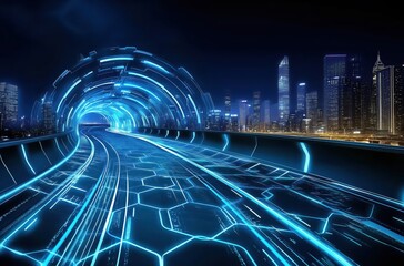 Wall Mural - futuristic blue illuminated tunnel leading to a modern city skyline at night