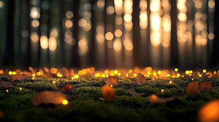 Wall Mural - Glow forest idea. A tranquil forest scene illuminated by soft, warm light reflecting on the forest floor.