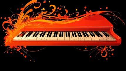 Poster - Red piano keyboard with black keys, surrounded by orange and yellow swirls, on a black background