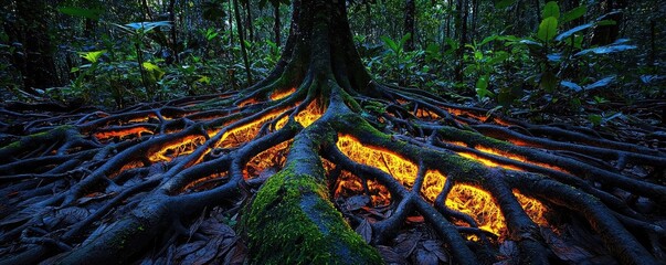 Wall Mural - Glow forest idea. Intricate roots of a tree glowing in a vibrant forest setting, showcasing nature's beauty.