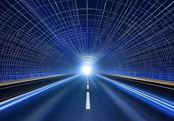 Wall Mural - illuminated highway stretching towards a bright light with futuristic tunnel design