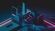 © Vibudhaart - Abstract 3D render of geometric shapes with vibrant neon lighting, creating a futuristic cityscape.