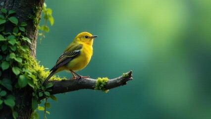  A vibrant yellow bird perched on a moss-covered branch, bathed in soft sunlight, a serene nature scene showcasing the beauty of wildlife