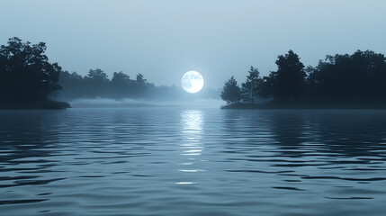 Wall Mural - misty moonlit lake: a serene and mystical scene unfolds, where a full moon hangs low over a tranquil