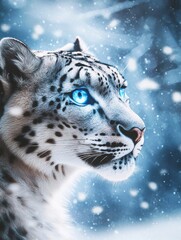 Poster - Majestic snow leopard gazes into the snowy wilderness under a soft winter light. Generative AI