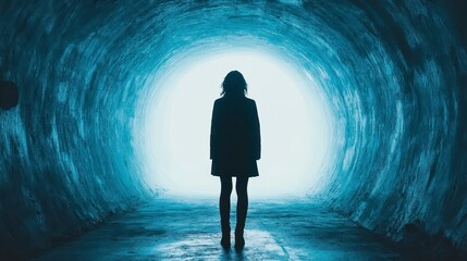 Poster - Silhouette of a person in a coat standing in a glowing tunnel, featuring a stylized blue and white background, and a bright light at the end