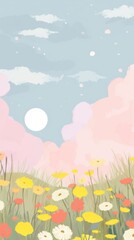 Wall Mural - Cute anime meadow art asteraceae painting.