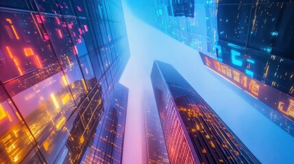 Wall Mural - Futuristic cityscape featuring tall skyscrapers and vibrant neon lights against a twilight sky. Generative AI