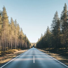 Poster - Road leads into dense forest with tall trees under clear blue sky during daytime. Generative AI