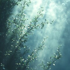 Wall Mural - a misty, glowing background with soft blue and green tones blending naturally.