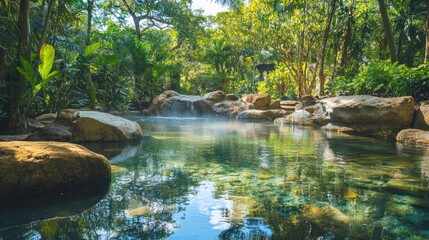 Tranquil hot spring pool in lush tropical garden