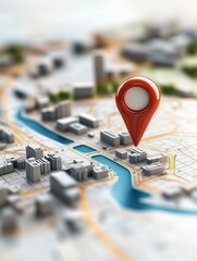 Wall Mural - red location pin pointing a specific building on 3d city map