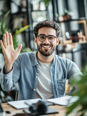 Wall Mural - A happy man waving from an office setting. He is sitting at a desk with a laptop and is wearing glasses and a blue shirt. Behind him, there's a potted plant adding a touch of greenery to the scene.