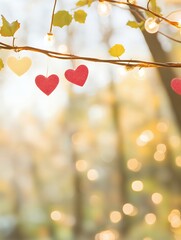 Wall Mural - red and yellow heart decorations hanging on a branch with string lights. autumn leaves and blurred b