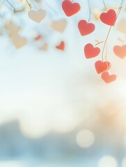 Wall Mural - red and yellow heart decorations hanging on a branch with string lights. autumn leaves and blurred b
