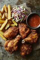 Wall Mural - A rustic, appetizing meal featuring 8 pieces of fried chicken with crispy skin, served alongside a portion of coleslaw on the side, accompanied by a generous dipping sauce. The dish is presented in an