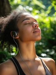 Wall Mural - A tranquil scene of a woman enjoying a peaceful yoga session in the sun with her headphones on, embodying relaxation and focus.