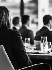 Wall Mural - A photograph of a professional conference room setting, with business attire and a focus on attentiveness.