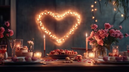 A heartwarming dinner table scene with candles, pink flowers, and sweets, enhanced by string lights forming a heart on the wall.