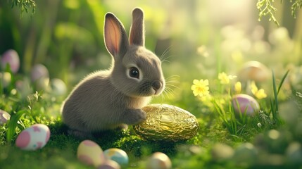 A small gray bunny curiously nudging a golden-wrapped chocolate Easter egg, set in a lush green meadow with a scattering of pastel Easter decorations