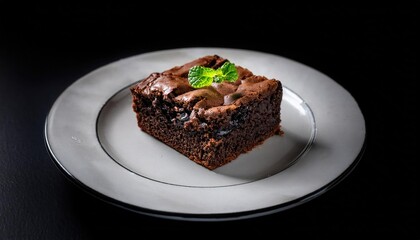 Wall Mural - Chocolate cake on white plate on a black background