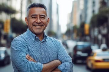 Poster - A man is seen smiling and looking towards the camera, leaning casually against a building. He has a short beard and appears well-groomed. The setting suggests an urban environment with modern