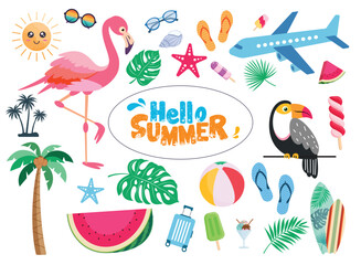 Wall Mural - hello summer elements icon clipart set. summer tropical element clip art like flamingo, airplane, wa