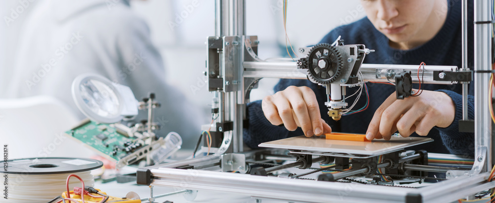 Student working with a 3D printer in the lab Stock Photo | Adobe Stock