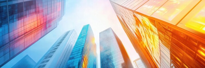 Poster - Vibrant futuristic cityscape with towering skyscrapers reflecting sunlight in a bustling urban environment. Generative AI