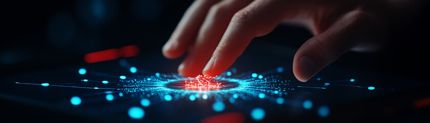 futuristic interface interaction with glowing digital elements on touch screen in dark setting.