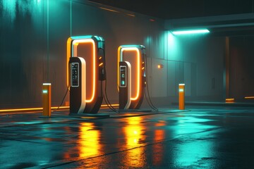 Leinwandbilder - Futuristic electric vehicle charging station in a high tech city during the night with glowing neon lights. Generative AI