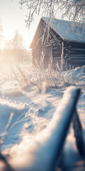 Canvas Print - Serene winter landscape with snow covered wooden cabin in tranquil frosty morning light