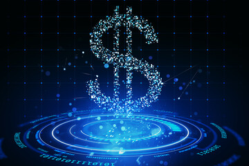 Wall Mural - Digital glowing dollar symbol in neon blue on a dark futuristic virtual background. 3D Rendering