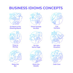 Canvas Print - Business idioms blue gradient concept icons. Workflow organization. Teamwork management. Icon pack. Vector images. Round shape illustrations for infographic, presentation. Abstract idea