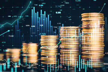 Wall Mural - stacks of gold coins with financial growth charts and data visualization overlay. 3d rendering