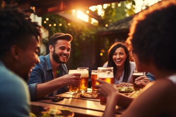 Poster - Group of multi ethnic friends party beer laughing.