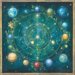 Wall Mural - Celestial Arrangement of Planets with Astrological Chart Depicting Cosmic Harmony and Cosmic Cycles