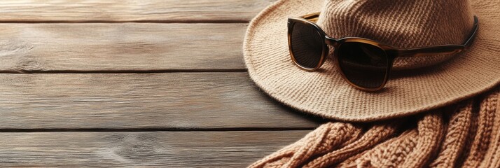 Aufkleber - Stylish fashion accessories arranged on rustic wooden table featuring hats, scarves, and sunglasses. Generative AI
