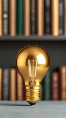 Wall Mural - A golden light bulb stands prominently against a blurred background of books, symbolizing knowledge and creativity.