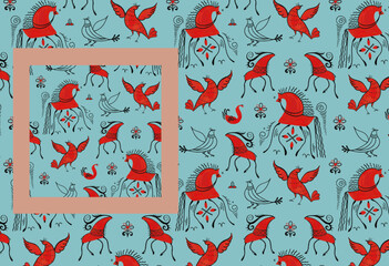 Country folk seamless pattern. Cultural Slavic symbol of spring. Red geometric sketch deer, horse and bird. Black wallpaper texture on a blue background